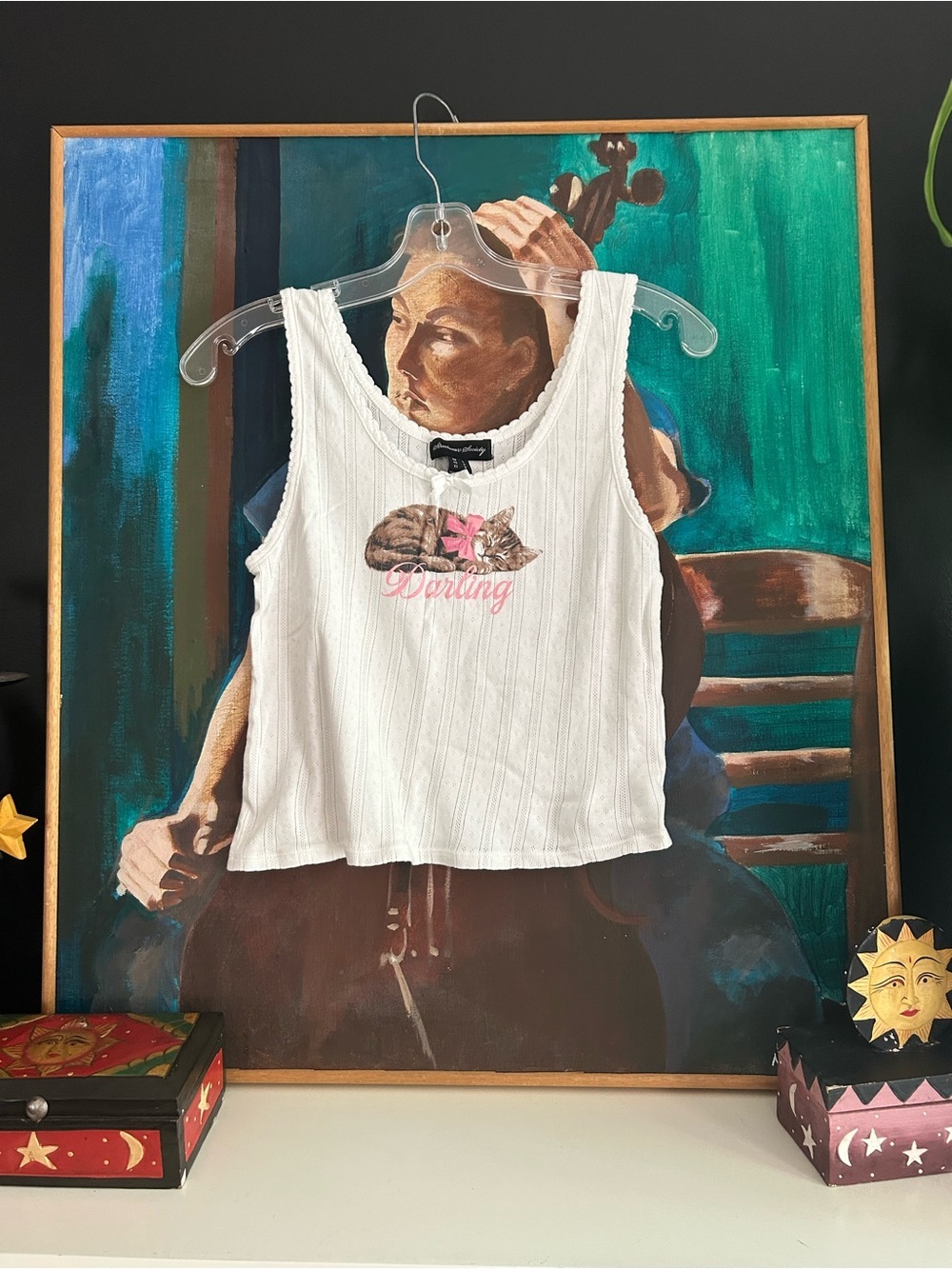 Streetwear Society Cat Darling Pointelle Tank Top White Pink Coquette L